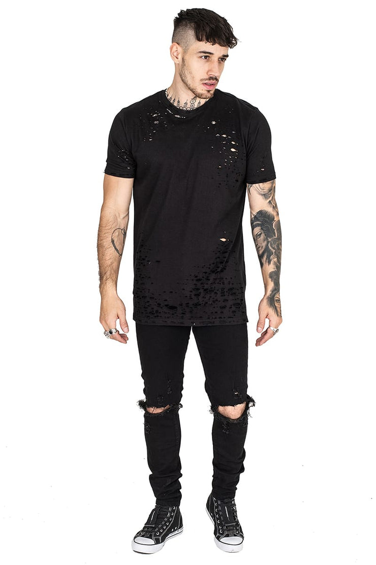 knee blast distressed black skinny denim