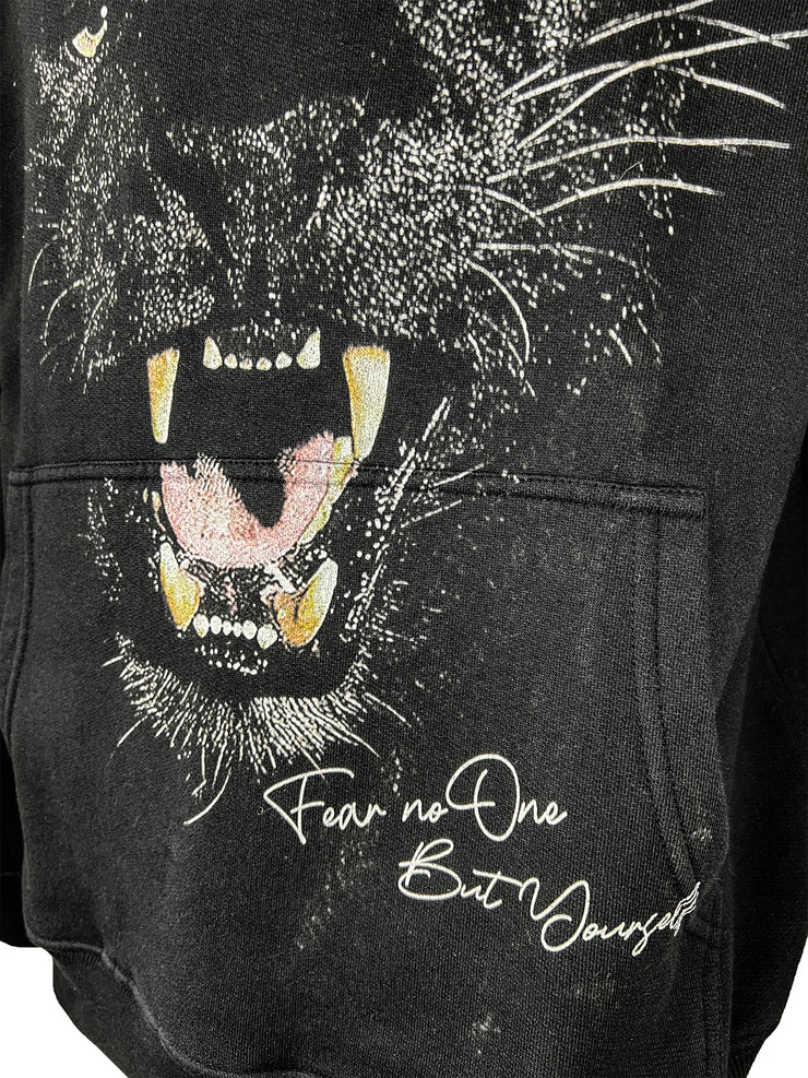 fear no one double sleeved worn black hoody