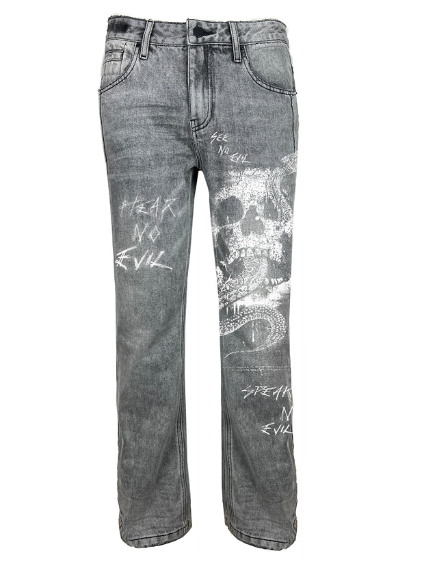 No Evil distressed vintage grey kicker denim