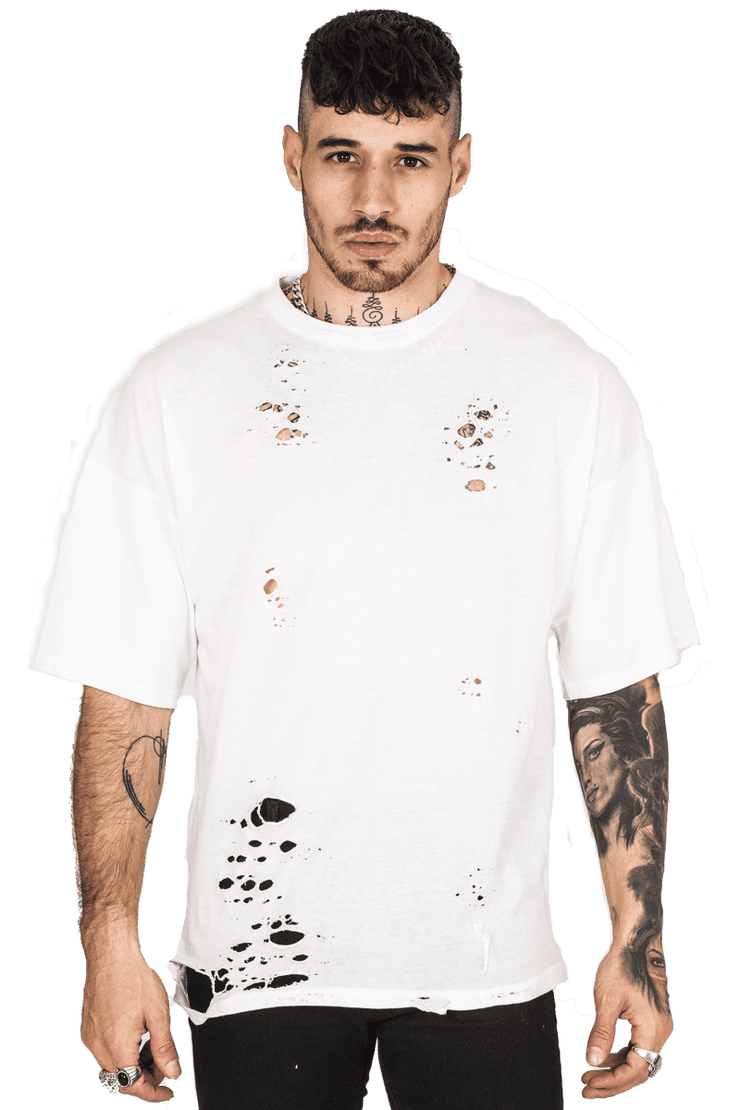 gunshot distressed white boxy t