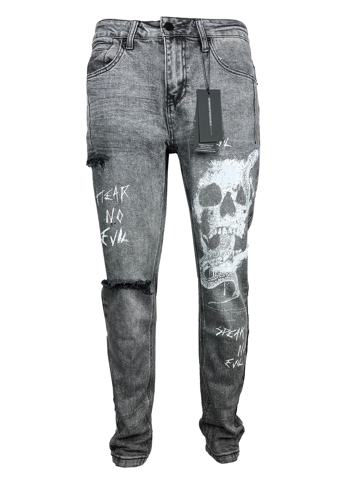 No Evil distressed vintage grey slim denim