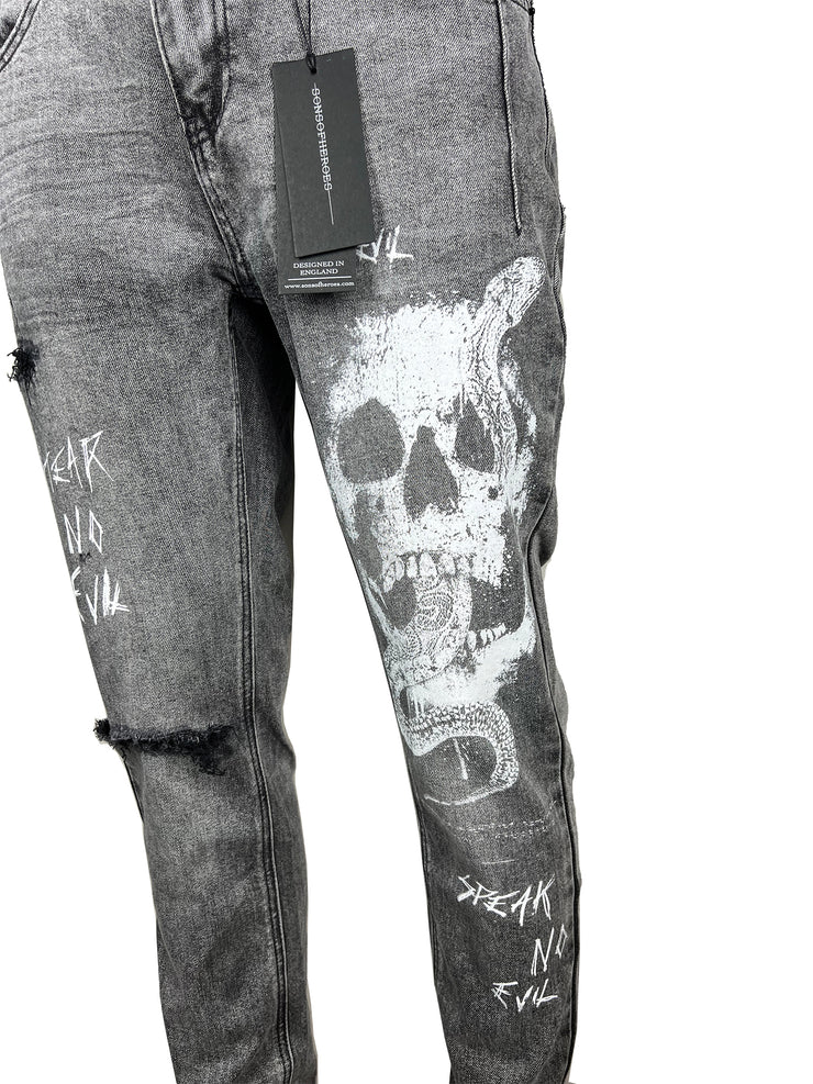 No Evil distressed vintage grey slim denim