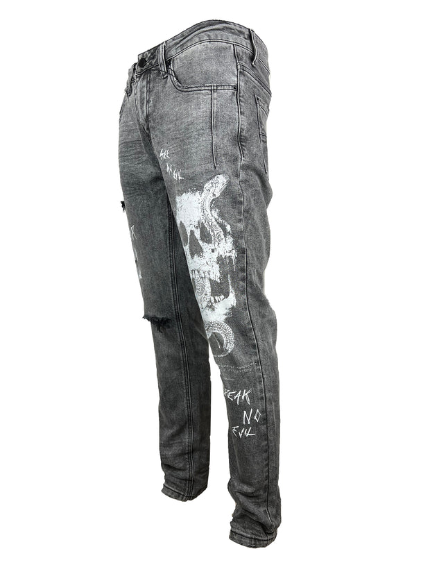 No Evil distressed vintage grey slim denim