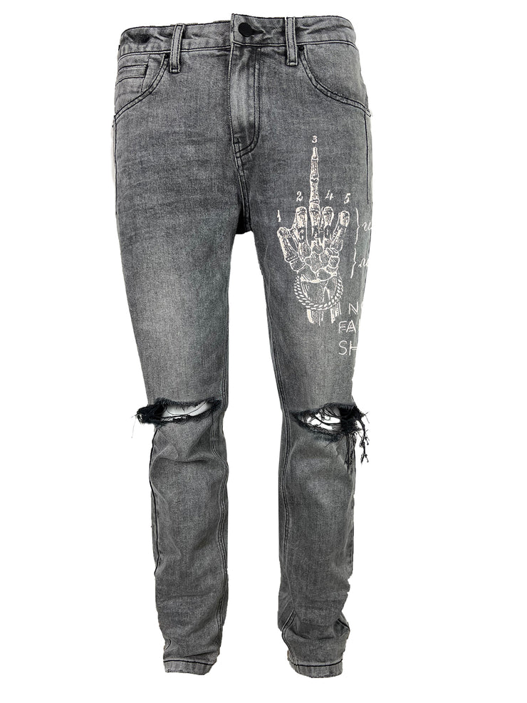 no fake sh*t distressed grey skinny denim