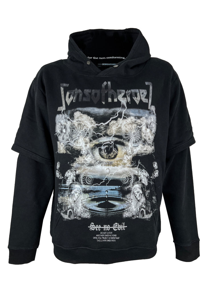 see no evil double sleeved worn black hoody