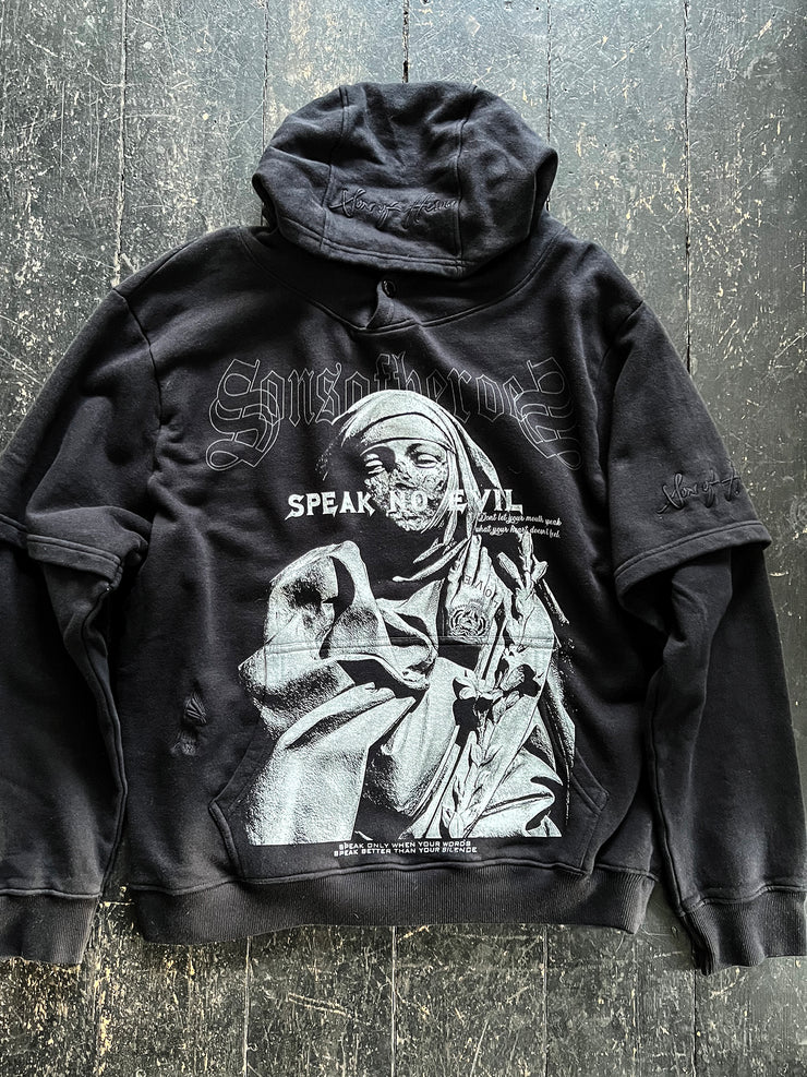 speak no evil double sleeved worn black hoody