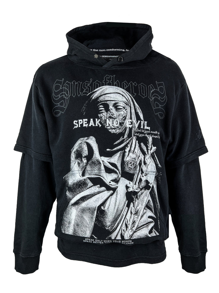 speak no evil double sleeved worn black hoody