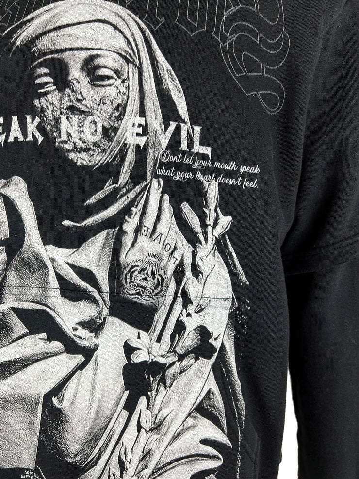 speak no evil double sleeved worn black hoody